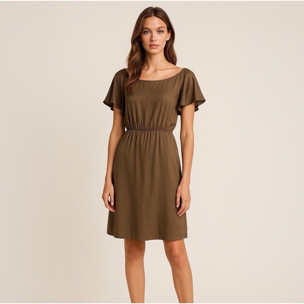 Banana Republic 100% Silk Dress M Brown Pleated Flutter Sleeve Belted Capsule